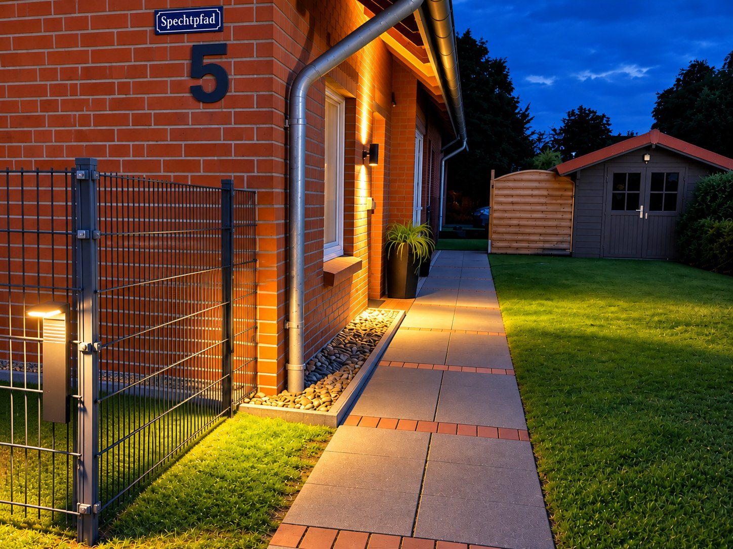 Beleuchteter Eingang der Friesenbude bei Nacht